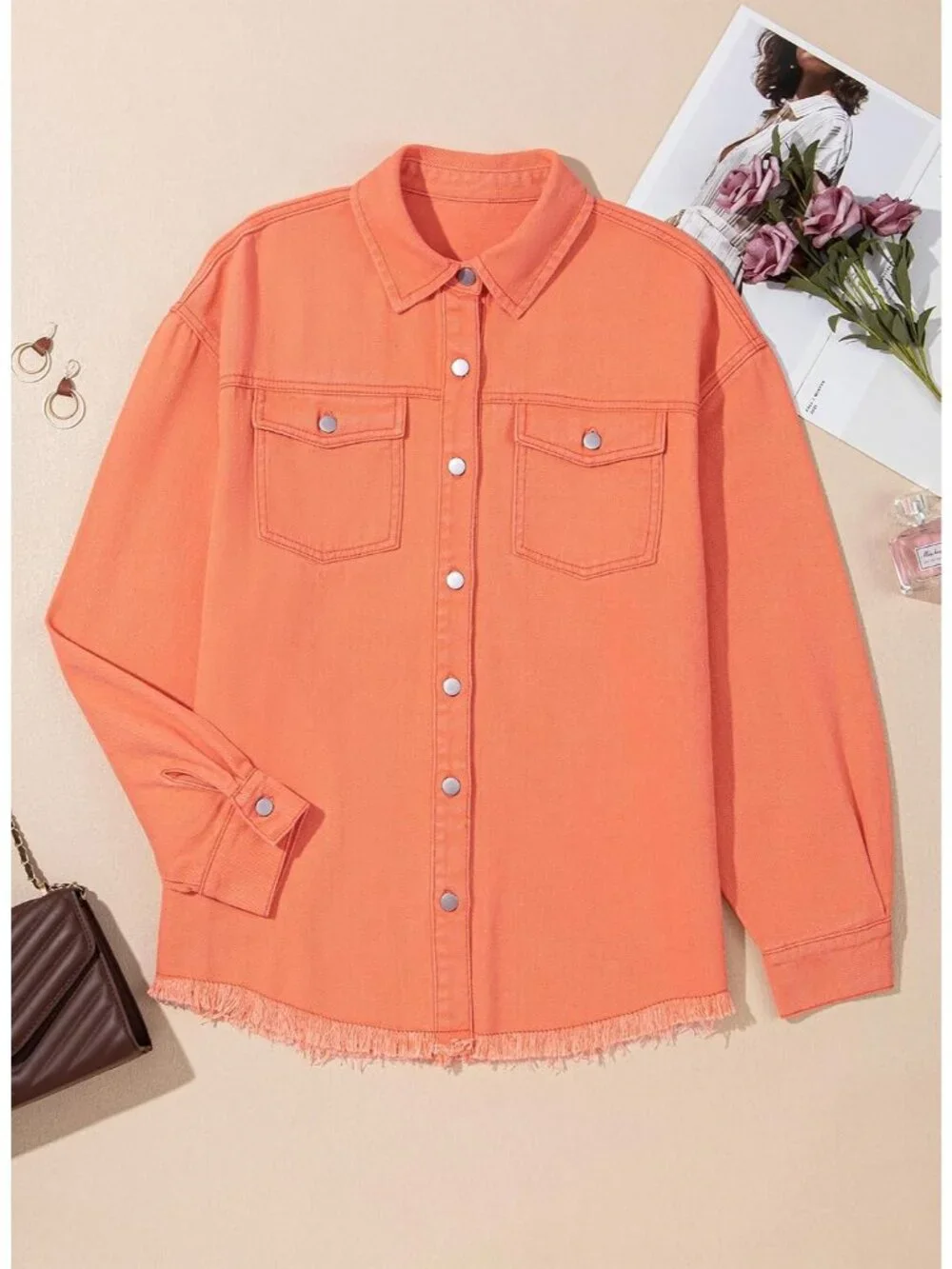 Women's Orange Denim Button Down Oversized Distressed Boyfriend Jean Jacket